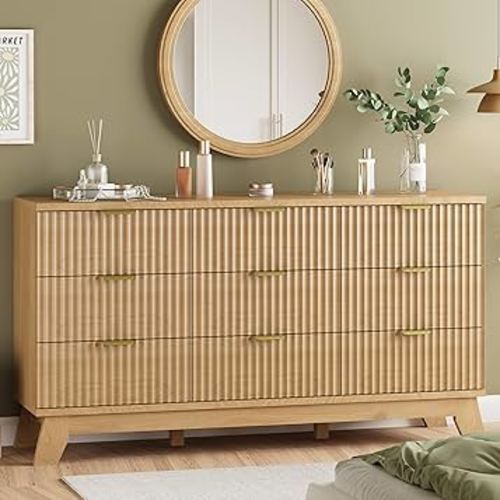 Fluted Dresser for Bedroom with 9 Drawers, 57" Wide Modern Chest of Drawers with Metal Handle, Wooden Dresser TV Stand, Wood Closet Clothes Storage Organizer for Living Room, Hallway, Natural Oak