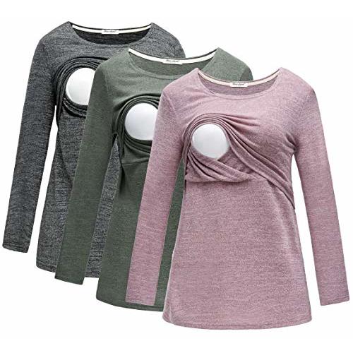 Bearsland Women's 3 Packs Maternity Clothes Long Sleeves Breastfeeding Shirts Nursing Top