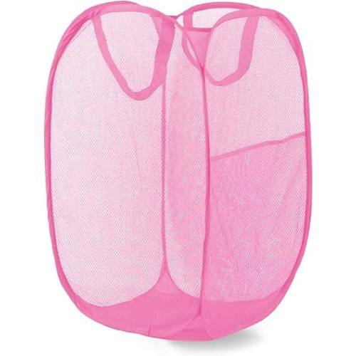 Pop Up Laundry Hamper, Mesh Laundry Basket Collapsible, Foldable Hamper for Travel and Storage (Pink)