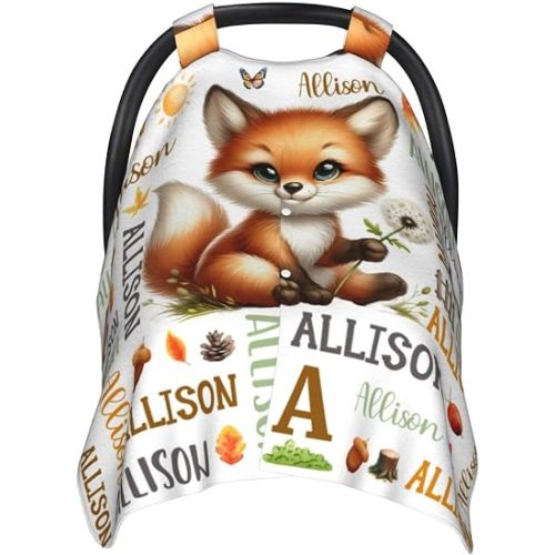 Personalized Baby Fox Car Seat Canopy for Babies,Custom Name Car Seat Covers for Boys Girls,Universal Fit for Infant & Toddler & Newborn Breathable Multi-Use Stroller Cover All-Season