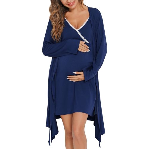 SWOMOG Womens Maternity Robe 2 Piece Nursing Nightgown for Breastfeeding 3 in 1 Labor Delivery Nursing Dress Lace Bathrobe