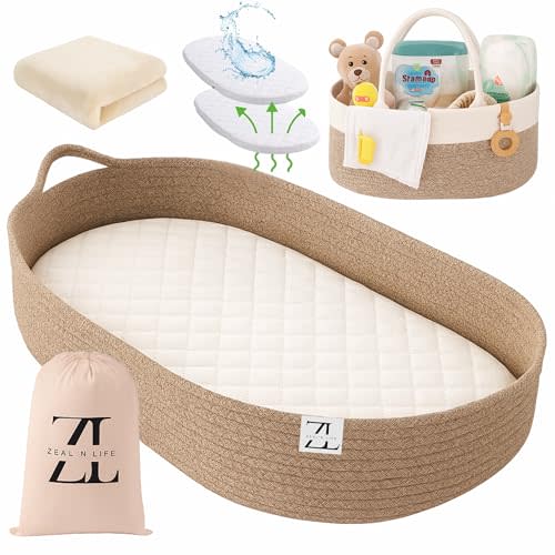ZEAL'N LIFE Baby Changing Basket for Baby Dresser with Caddy Basket, Baby Blanket & Waterproof Changing Pad, Moses Basket for Babies (Brown) (Brown)