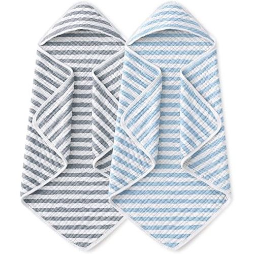 Yoofoss Hooded Baby Towels for Newborn 2 Pack 100% Muslin Organic Cotton Baby Bath Towel with Hood for Babies, Infant, Toddler and Kids, 32x32Inch, Soft and Absorbent, Blue Grey Striped