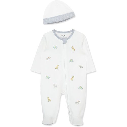 Little Me Baby Gender Neutral 100% Cotton Scratch-Free Tag Footed One-Piece Romper and Hat Sleeper Set, Safari, Newborn