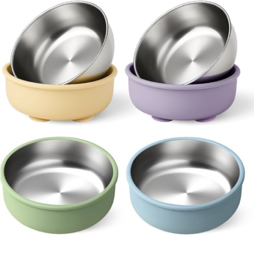 Mity rain 4-Pack Baby Bowls with Suction,Stainless Steel Toddler Bowl with Removable Silicone Shell, Non-Slip Unbreakable babies bowls with silicone suction & Kids Bowls for Baby Food Feeding