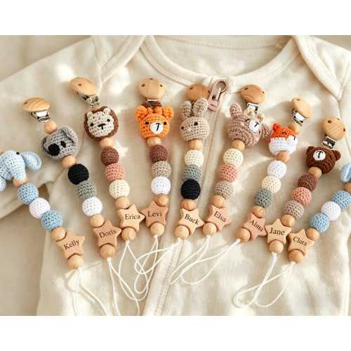Personalized Crochet Pacifier Clip with Name, Custom Animal Design Binky Holder, Handmade Newborn Baby Shower Gift for Baby