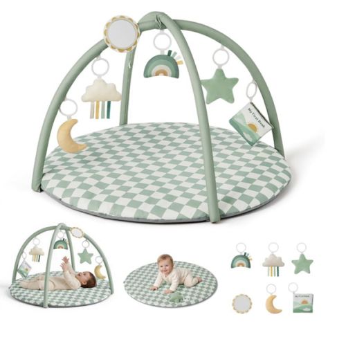 Amazon.com: Blissful Diary Baby Play Gym Mat, Play Mat Activity Mat with 6 Detachable Toys for Stage-Based Sensory & Motor Skill Development, Easy to Install & Clean, Baby Essentials Gift, Sage Checkerboard