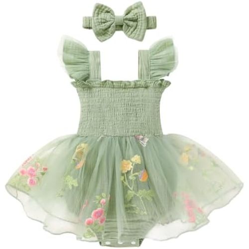 YOUNGER TREE Baby Girl Tulle Romper Dress Infant Sleeveless Ruffle Bodysuit Tutu Skirt Toddler Summer Clothes with Headband