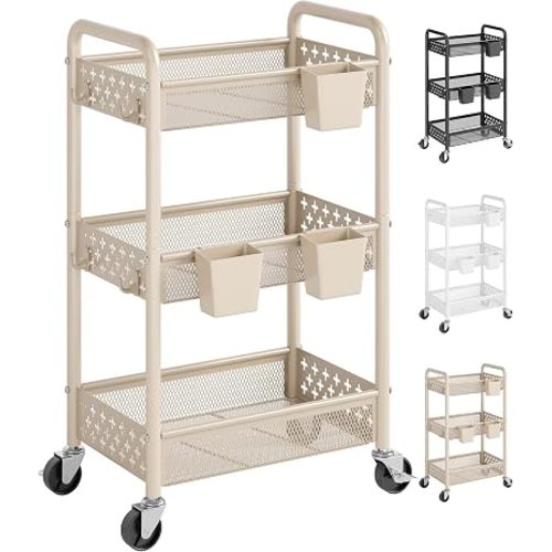 Heavy Duty 3 Tier Rolling Storage Cart Metal with Wheels,Beige Utility Cart