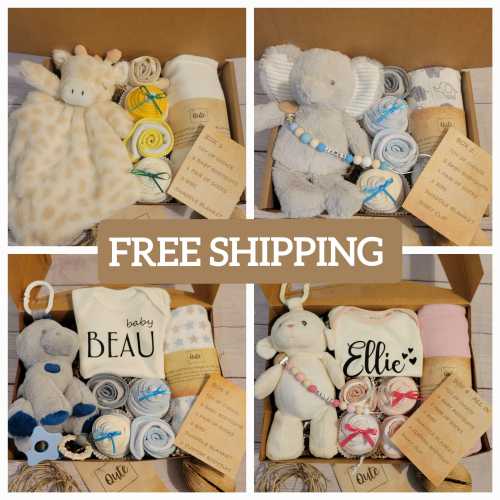 Qute unisex / gender neutral / boy / girl baby gift box , 2 baby bodysuits , 2 Bibs, 100% cotton swaddle blanket and  toy