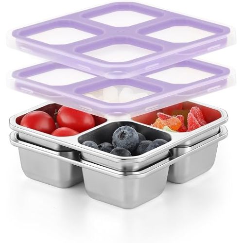 BEFOY 4 Pack Stainless Steel Snack Containers with Lids 4 Compartment Food Storage Containers for Adults & Kids Meal Prep Containers Reusablele (Purple, 2)