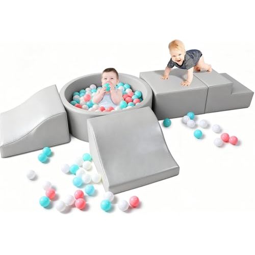 Hoohtoot Foam Climbing Blocks for Toddler: with 4-Piece PU Leather Climbing Toys and a Ball Pit - Foam Ball Pit for Toddlers - Climbing Toys Indoor for Kids Crawling