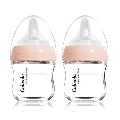 Gulicola Natural Glass Bottles for Newborn Babies, Breast Like, Extra Slow Flow, 0 Months+, 3 oz, 2 Pack