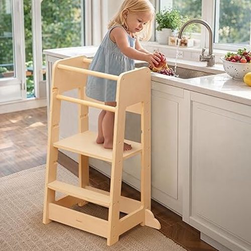 Standing Tower for Toddlers- Adjustable Height with 360° Safety Rail, Kids Step Stool with Safety Rail, Wooden Step Stool, Age 18 Months-6years