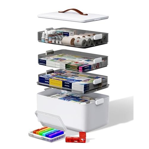 LEGUO 4-Tier Medicine Cabinet Organizer with Leather Handle, Empty Plastic First Aid Kit, Multipurpose Storage Box with A Portable Weekly Pill Organizer for Family Emergencies, Home