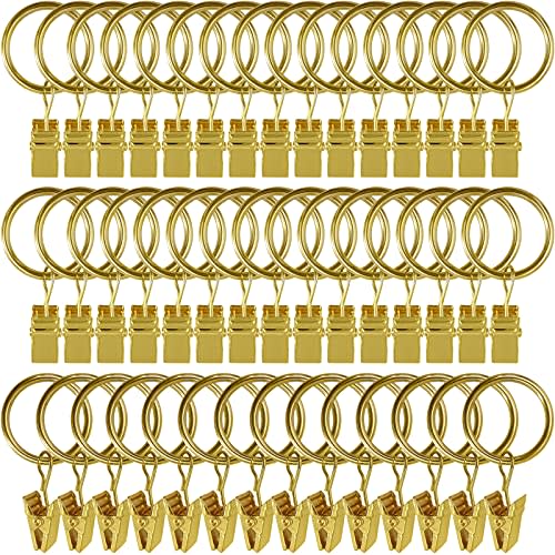 44 Pack Curtain Rings with Clips, Curtain Clip Rings Hooks, Bow Hanger Clips for Hanging Drapery Drapes Bows, Ring 1 inch Interior Diameter, Fits up to 5/8" Rod, Gold