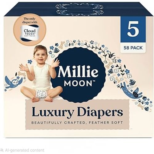 Millie Moon Luxury Diapers – Ultra Soft Cloud Touch Disposable Diapers with 12 Hour Absorbency & Wetness Indicator (5-58ct)