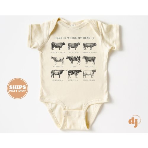 Baby Bodysuit - Home is Where My Herd Is Bodysuit - Cute Farm Animal Cow Baby Retro Natural Baby Bodysuit #5624