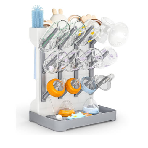 GoMaihe Baby Bottle Drying Rack: Space Saving Vertical Bottle Dryer Holder - Baby Accessories Storage Stand Organize Brushes Pacifiers on Countertop - BPA-Free - Gray