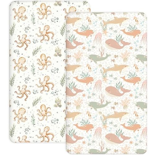 Pack and Play Sheets 2 Pack, Fitted Jersey Knit Mini Crib Sheets for Baby Boys and Girls, Compatible with Graco Pack N Play and Mini Crib Mattress (Aqua Wonders, Pack N Play/Mini Crib Sheets)