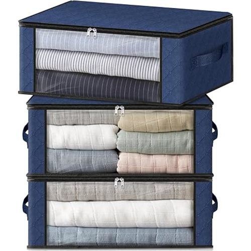 HomeHacks Storage 3-Pack Clothes Organizer Storage Bags Foldable Storage Box with Large Clear Window Sturdy Handles for Closet, Dorm, Pillows, Bedding, Clothes, Blankets, 35L, Blue