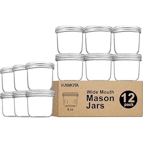 KAMOTA Wide Mouth Mason Jars 8 oz, 8oz Mason Jars Canning Jars Jelly Jars With Wide Mouth Lids and Bands, Ideal for Jam, Honey, Wedding Favors, Shower Favors, 12 PACK