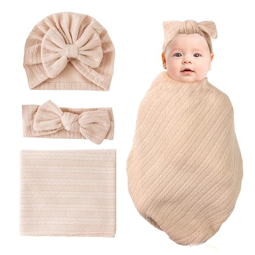 Jastore Baby Infant Swaddle Blankets for Girls 3PCS Newborn Accessories Set with Matching Hat and Bow Headband (Light Khaki, 33"*35")