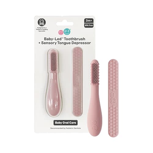 ezpz Baby-Led Toothbrush + Tongue Depressor Dual Pack (Blush) - 100% Silicone Toothbrush + Silicone/Stainless Steel Tongue Depressor - Helps Set-up Infants for a Healthy Oral Care Routine