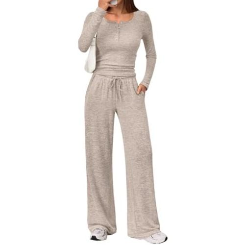 Trendy Queen Women's 2 Piece Matching Lounge Sets Fall Fashion Outfits Henley Neck Sweater Top Wide Leg Pants Sweat Suits