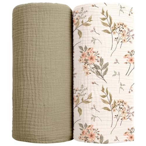 lulumoon Muslin Swaddle Blankets for Baby: Soft Cotton Newborn Receiving Blankets - Floral Print Nursery Gift Set for Baby Girls(Olive Flower)