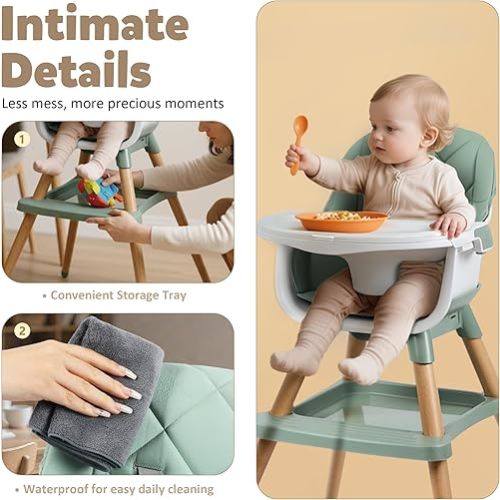 TODEFULL 8 in 1 Wooden High Chairs for Babies Toddlers, Convertible to Booster Seat, Baby Feeding Highchair w/ 5-Point Safety Harness, Removable Tray & Cushion, Green