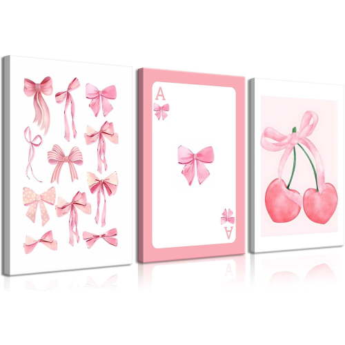 3Pcs Trendy Pink Bows Canvas Wall Art Preppy Watercolor Bows Wall Decor Pictures Girly Coquette Room Decor Aesthetic Posters Prints for College Apartment Bedroom Decoration 12x16in