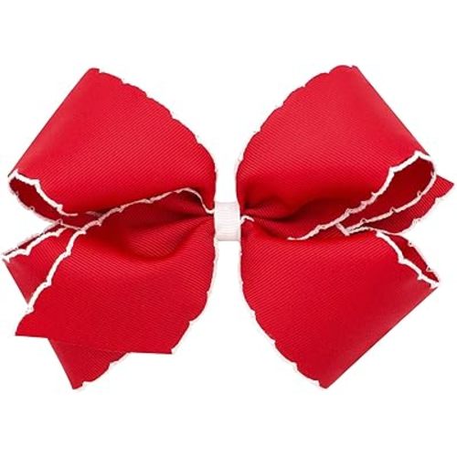 Wee Ones Girls' Classic Grosgrain Moonstitch Edge Hair Bow, No-Slip Hair Clip, Handmade, Red with White, Medium