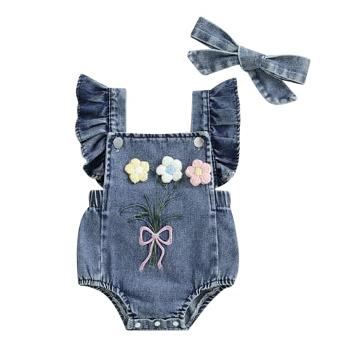 Douhoow Baby Girl Denim Romper Ruffle Flowers Embroidery Baby Girl Romper with Headband Infant Girl Summer Clothes