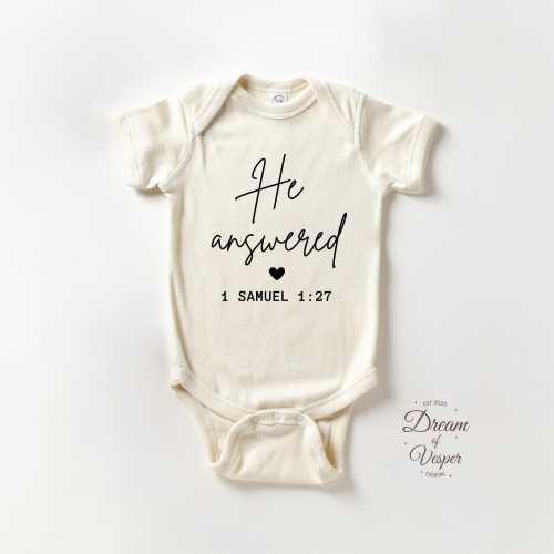 He Answered Baby Outfit Brand, 1 Samuel 1 27 Scripture Bodysuit, Faith Inspired Baby Outfit, Natural Neutral Newborn Clothes