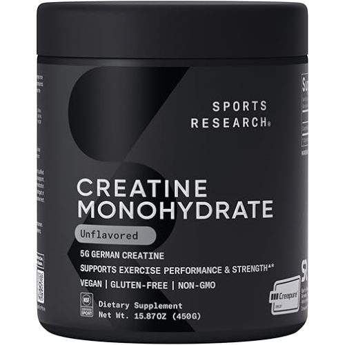 Sports Research® Creatine Monohydrate Powder w/Creapure® - Gain Lean Muscle, Improve Performance, & Support Workout Recovery* - 5g German Creatine · NSF Sport · Easy Mixing - 90 Servings (Unflavored)