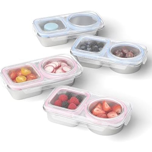 4 Pack 15oz Stainless Steel Snack Containers, Reusable 2 Compartment Snack Box, Leakproof Metal Snack Containers Featuring Round and Square Sections (Blue & Pink)