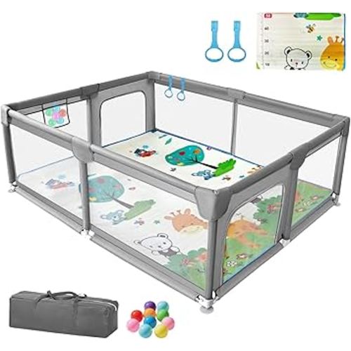 75in*59in Baby Playpen with Mat,Extra Large Toddler Playpen, Gray with Storage Bag, Safe Baby Play Area with Mat, Sturdy and Safe Kid Play Area for Indoor and Outdoor Play
