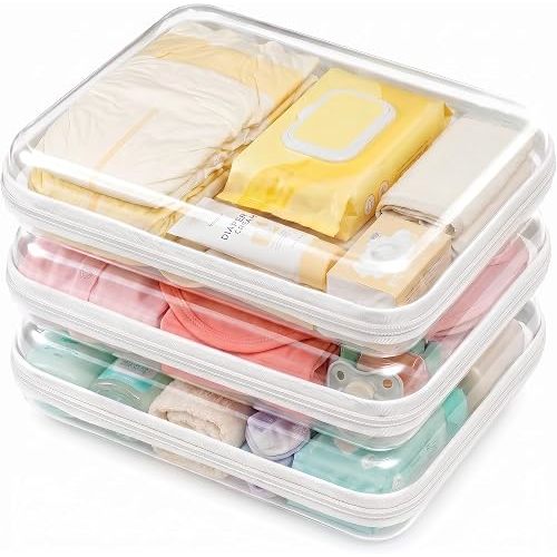 3 Pack Large Clear Hard Shell Zipper Case, Diaper Bag Organizer Pouches, Water-Resistant Travel Toiletry Bags for Baby Essentials, Toys, Cables, Crafts, Makeup, White