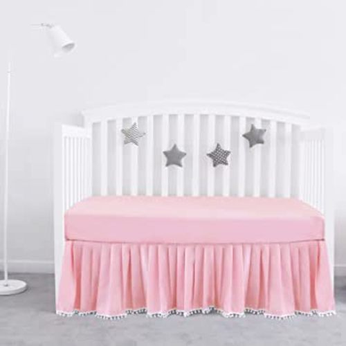Pink Crib Skirt Pleated with White Lovely Pompoms, Bedding Dust Ruffle for Girls, 14" Drop, Fit All Standard Crib Bed, Fade Resistant Crib Bed Skirt Machine Wash