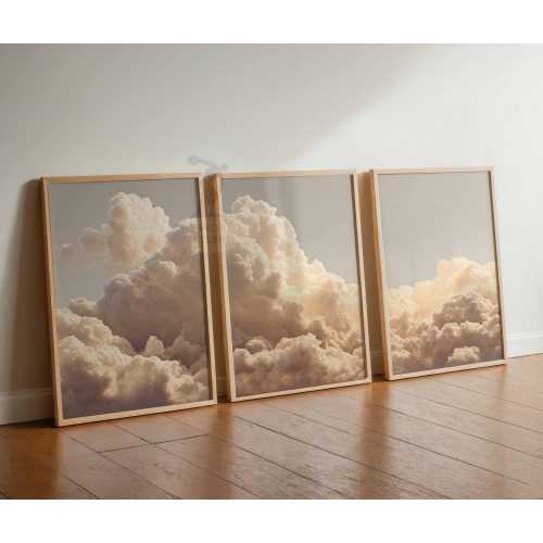 Clouds Bedroom Wall Art Set of 3 Prints, White Clouds Beige Sky Posters, Vintage Home Decor, Set of 3 Large Poster Art, Bedroom Decor