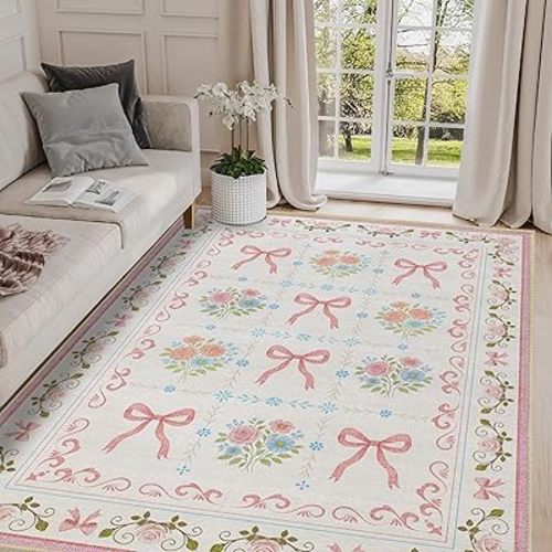 Bow 3x5 Area Rug Pink Princess Rugs Machine Washable Non-Slip Low-Pile Floor Carpet Mat for Girls Room Nursery Vanity Living Room Bedroom Kitchen Bathroom