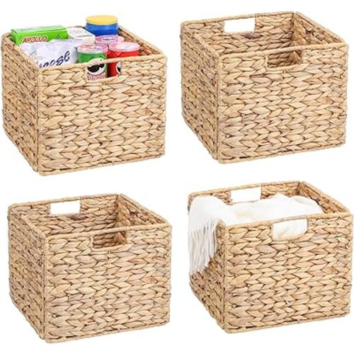 12x12x10 Water Hyacinth Storage Basket Large, Folding Cube Woven Wicker Storage Basket for Shelves, Pantry Baskets Organization and Storage, Large Rattan Basket Set of 4