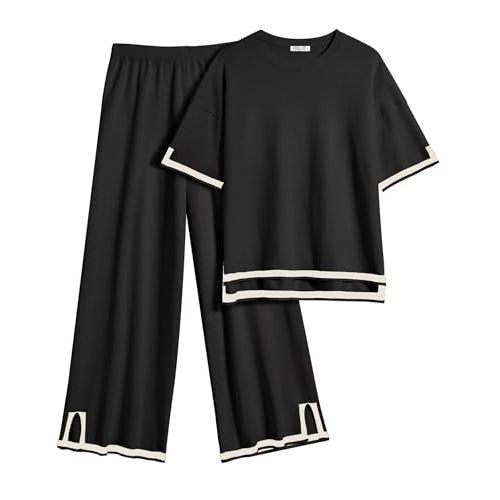 Ekouaer Lounge Set for Women Travel Outfits 2 Piece Sets Short Sleeve Sweater Top Wide Leg Long Pants Loungewear