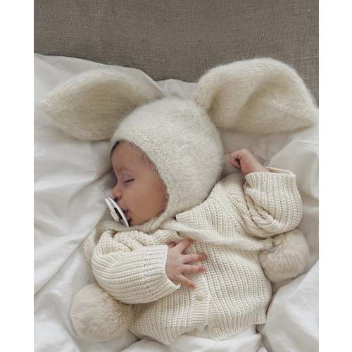 Alpaca Blend Baby Bunny Bonnet – Cream Knit Hat with Fur Pom Poms (3-6 Months)