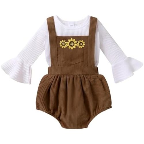 Tiny Cutey Newborn Baby Girl Clothes Bell Sleeve Romper and Corduroy Overalls Shorts Infant Girl Fall Outfits