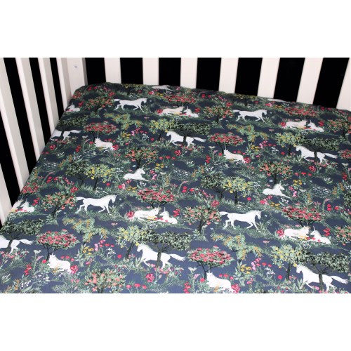 Fitted Crib Sheet / Mini Crib Sheet / Pack N Play - Gray Unicorn Fantasy Garden
