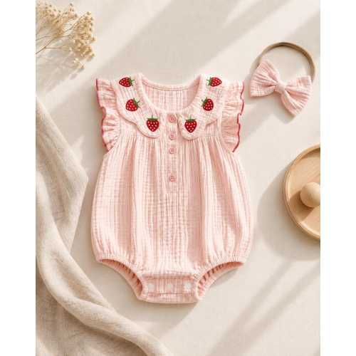 Embroidered Strawberry Baby Romper with Headband | Newborn Coming Home Outfit