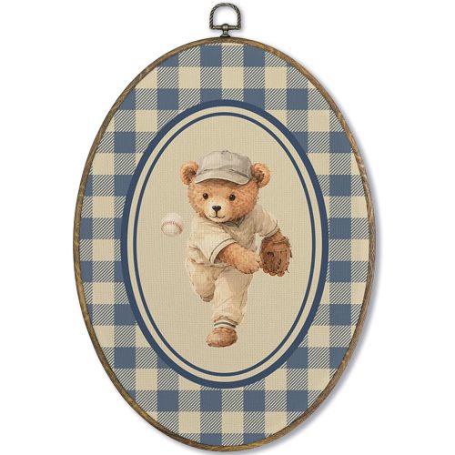 Fewgb Vintage Baseball Bear Boys Nursery Oval Wall Art Decor Framed, Baby Boys Toddler Kids Room Playroom Bedroom Canvas Wall Art Prints Picture, Blue Plaid Sports Hanging Decor Artwork 9x12