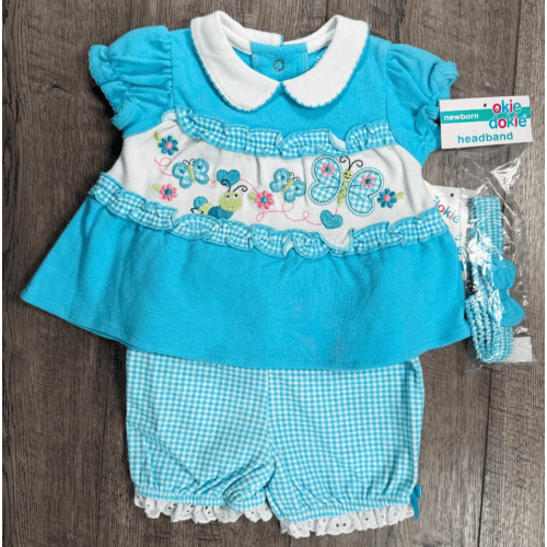 Baby Girl Clothes New Vintage Okie Dokie 0-3 Month 3pc Blue Butterfly Outfit